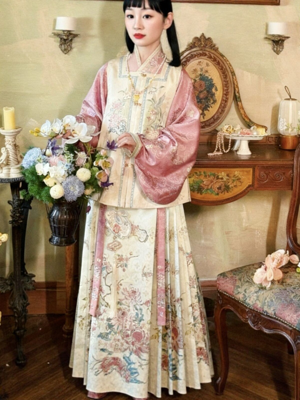 Ming stil Hanfu set za žene, suknja s prednjim panelom i kratka jakna s bogatom vezom, ružičasta, nadahnuto Tang dinastijom, prozračan izgled za proljeće i jesen