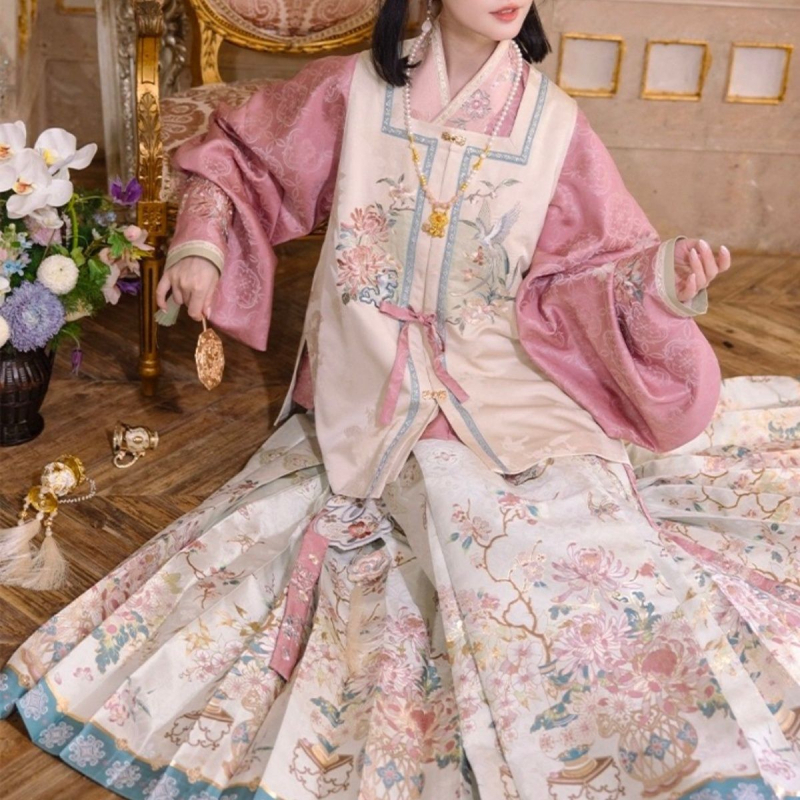 Ming stil Hanfu set za žene, suknja s prednjim panelom i kratka jakna s bogatom vezom, ružičasta, nadahnuto Tang dinastijom, prozračan izgled za proljeće i jesen