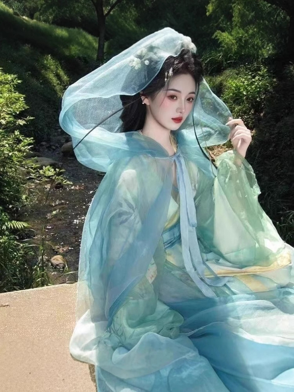 Ženski Hanfu kaput od tankog ljetnog šifona, šal i dugačak rub, inspirirano razdobljem Ratnih Država, drevni kineski stil