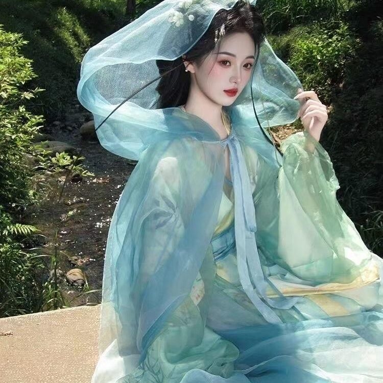 Ženski Hanfu kaput od tankog ljetnog šifona, šal i dugačak rub, inspirirano razdobljem Ratnih Država, drevni kineski stil
