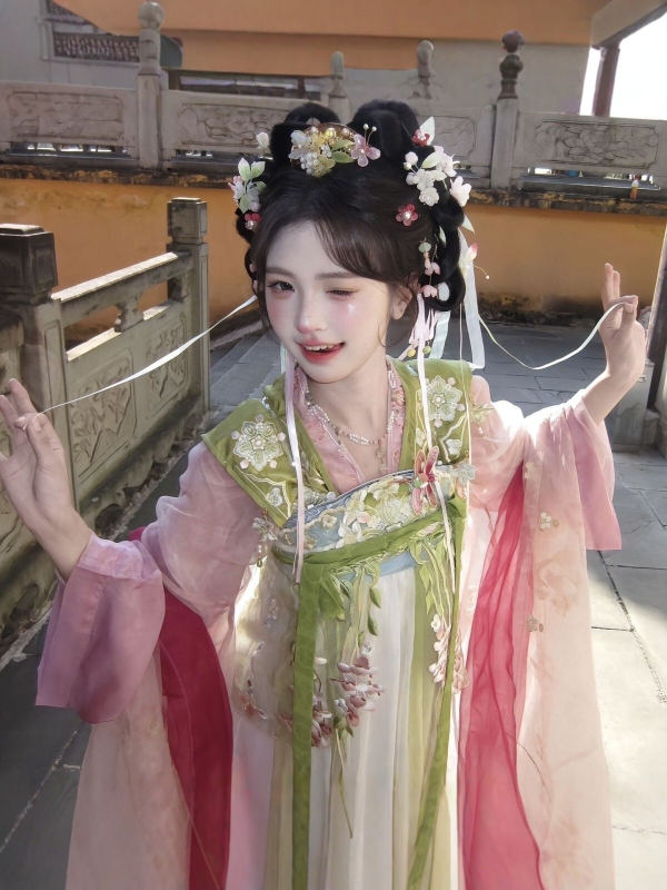 Hanfu 2026 Shanze Proljeće Begonija Roza Cvjetni Otisak Tang Stil Suknja s visokim strukom, širokim rukavima i vezom