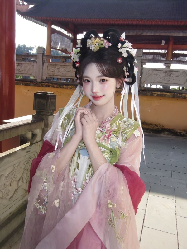 Hanfu 2026 Shanze Proljeće Begonija Roza Cvjetni Otisak Tang Stil Suknja s visokim strukom, širokim rukavima i vezom