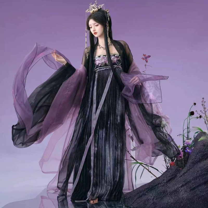 Odrasla žena Hanfu s teškom šivanjem i motivom kamelije, crna planinska boja, duljina do prsa, starinski kostim suknja, stanjivanje figure, novi kineski stil
