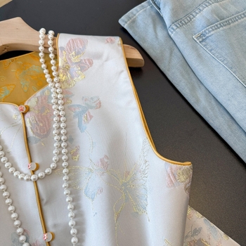 Dvostrano reverzibilna saten jacquard vesta s brodiranjem, inspirirana kineskim Tang/Hanfu stilom, s zakrivljenim rubom, nacionalni stil.