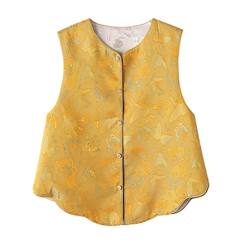 Dvostrano reverzibilna saten jacquard vesta s brodiranjem, inspirirana kineskim Tang/Hanfu stilom, s zakrivljenim rubom, nacionalni stil.