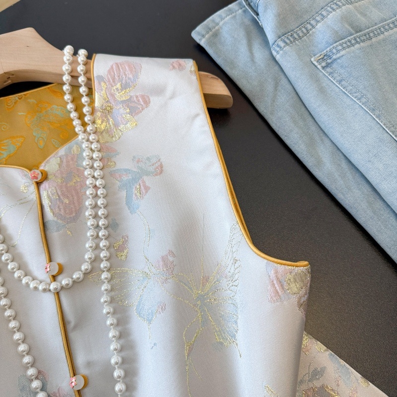 Dvostrano reverzibilna saten jacquard vesta s brodiranjem, inspirirana kineskim Tang/Hanfu stilom, s zakrivljenim rubom, nacionalni stil.