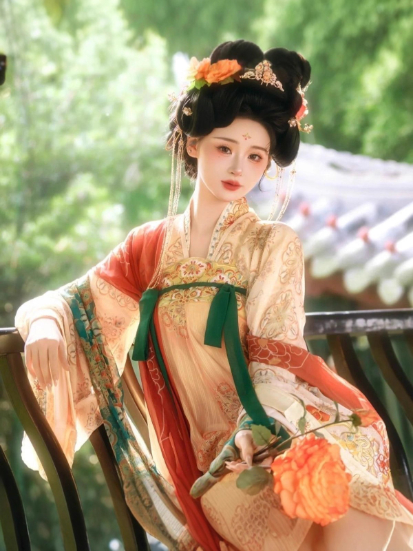 Hanfu set s izvezenim dizajnom dinastije Tang, top do prsa i suknja, poliester materijal