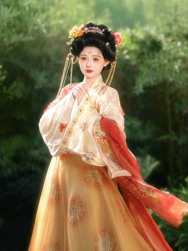 Hanfu set s izvezenim dizajnom dinastije Tang, top do prsa i suknja, poliester materijal