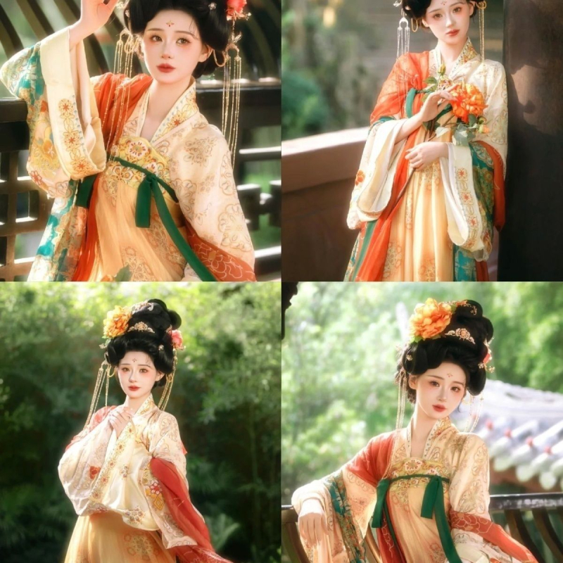 Hanfu set s izvezenim dizajnom dinastije Tang, top do prsa i suknja, poliester materijal