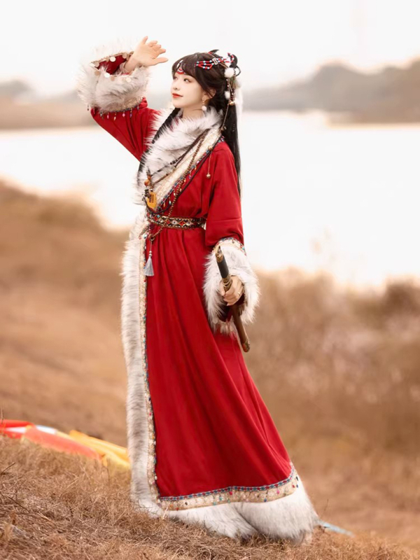 Mucha Snowy Land tibetanski nadahnut kaput s krznenim ovratnikom, unisex etnička odjeća za jesen-zimu