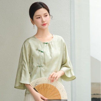 Qing shuzhai zöld Zen tea Hanfu-stílusú felső, modern Hanfu, 2024, Tencel jacquard satin