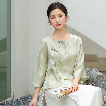 Qing shuzhai zöld Zen tea Hanfu-stílusú felső, modern Hanfu, 2024, Tencel jacquard satin