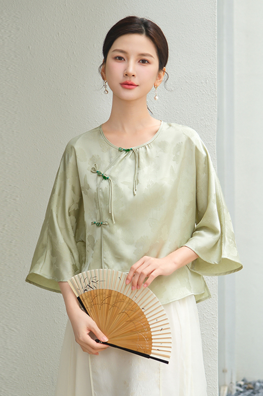 Qing shuzhai zöld Zen tea Hanfu-stílusú felső, modern Hanfu, 2024, Tencel jacquard satin