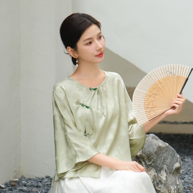 Qing shuzhai zöld Zen tea Hanfu-stílusú felső, modern Hanfu, 2024, Tencel jacquard satin