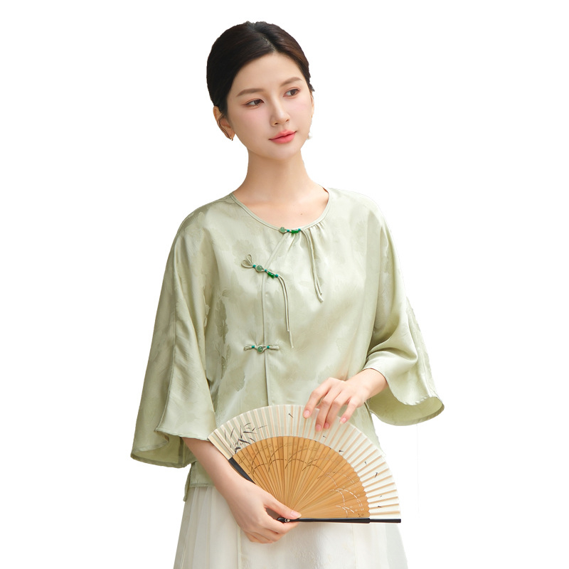 Qing shuzhai zöld Zen tea Hanfu-stílusú felső, modern Hanfu, 2024, Tencel jacquard satin