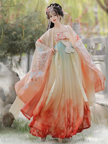 Hanfu za žene, Tang stil, set s jednim gornjim dijelom i širokim rukavima te suknjom, izvezeno, proljeće-ljeto