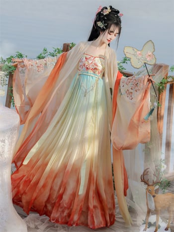 Hanfu za žene, Tang stil, set s jednim gornjim dijelom i širokim rukavima te suknjom, izvezeno, proljeće-ljeto