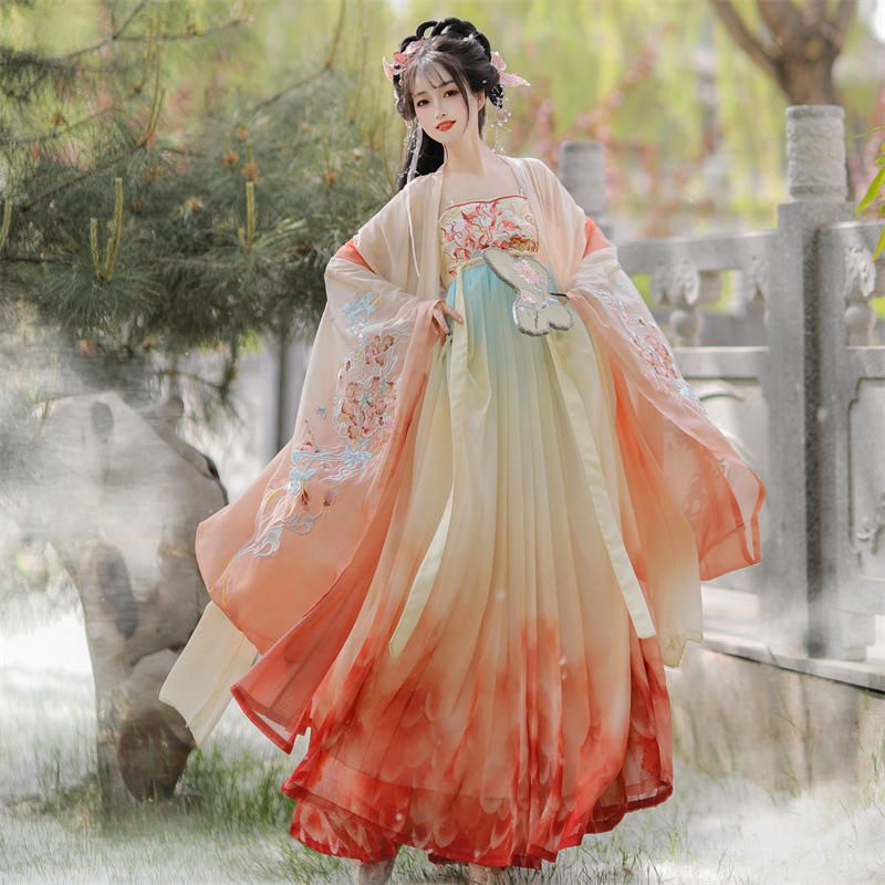 Hanfu za žene, Tang stil, set s jednim gornjim dijelom i širokim rukavima te suknjom, izvezeno, proljeće-ljeto