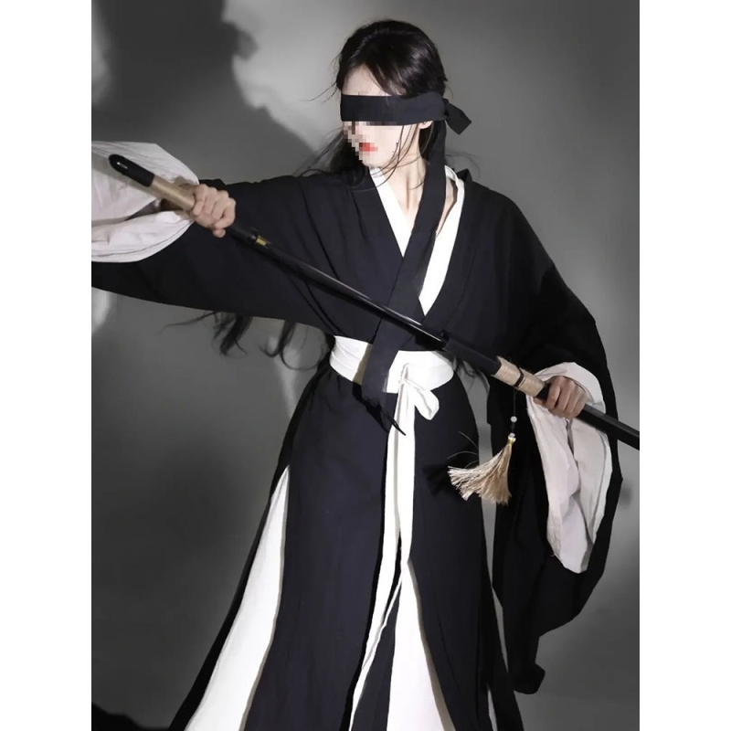 Hanfu ženski kostim u stilu borilačkih umjetnosti, crne boje, drevni kostim za nastupe, naglašenim strukom, hrabar i cool, čaroban za fotografiranje