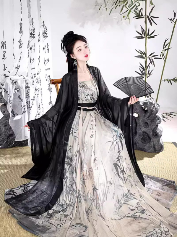 Ženska haljina inspirirana dinastijom Song, šifon, motiv tinte bambusa i kaligrafije, moderan kineski stil, ljetna odjeća
