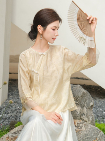 Ženski Hanfu u Guofeng stilu, ljeto 2024, novi model: kineska košulja s džakardom, okrugli ovratnik, čvorasti kopči, Zen čajna odjeća