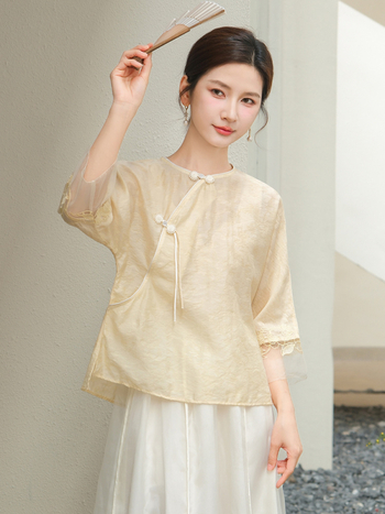Ženski Hanfu u Guofeng stilu, ljeto 2024, novi model: kineska košulja s džakardom, okrugli ovratnik, čvorasti kopči, Zen čajna odjeća
