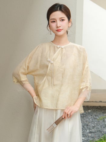 Ženski Hanfu u Guofeng stilu, ljeto 2024, novi model: kineska košulja s džakardom, okrugli ovratnik, čvorasti kopči, Zen čajna odjeća