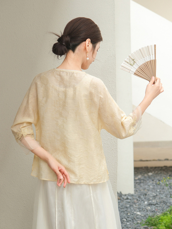 Ženski Hanfu u Guofeng stilu, ljeto 2024, novi model: kineska košulja s džakardom, okrugli ovratnik, čvorasti kopči, Zen čajna odjeća
