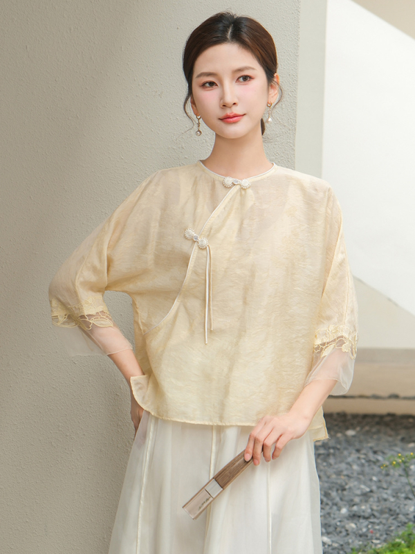 Ženski Hanfu u Guofeng stilu, ljeto 2024, novi model: kineska košulja s džakardom, okrugli ovratnik, čvorasti kopči, Zen čajna odjeća