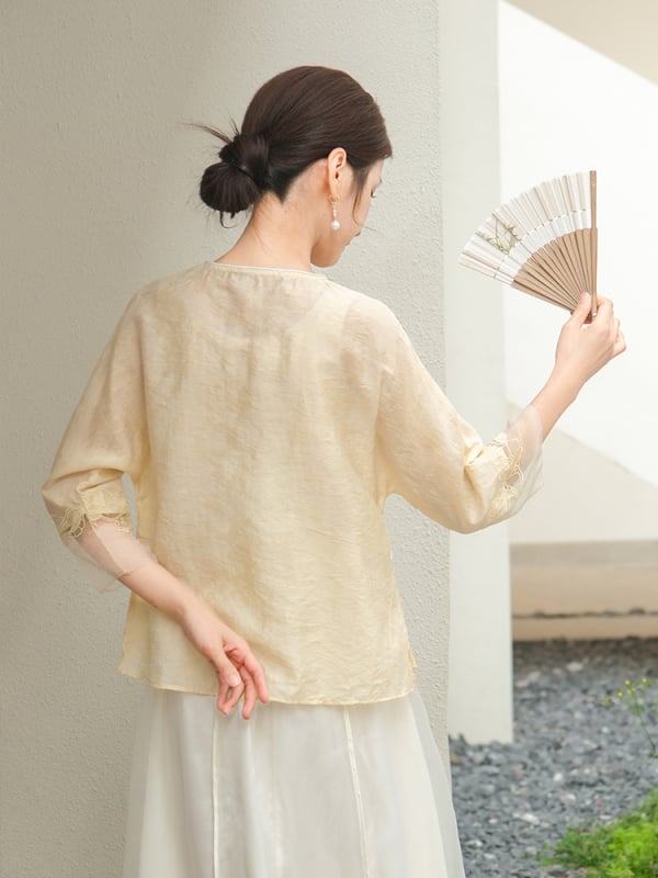 Ženski Hanfu u Guofeng stilu, ljeto 2024, novi model: kineska košulja s džakardom, okrugli ovratnik, čvorasti kopči, Zen čajna odjeća