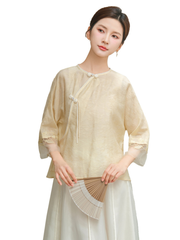 Ženski Hanfu u Guofeng stilu, ljeto 2024, novi model: kineska košulja s džakardom, okrugli ovratnik, čvorasti kopči, Zen čajna odjeća