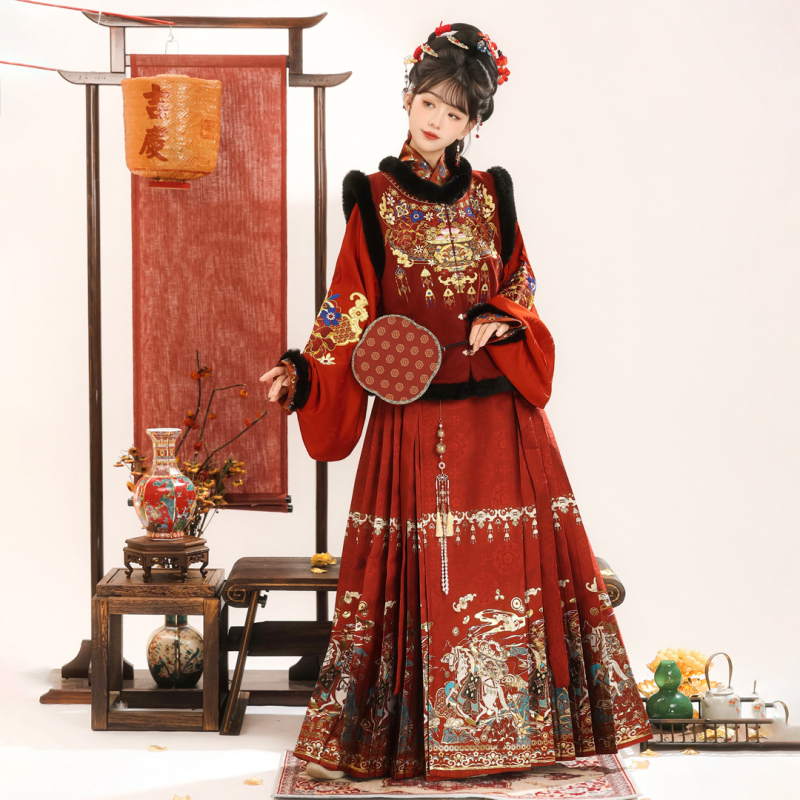 Ming stil Hanfu set s kružnim izrezom, top bez rukava i suknja s konjskim motivom, Godina Konja, izdanje jesen-zima