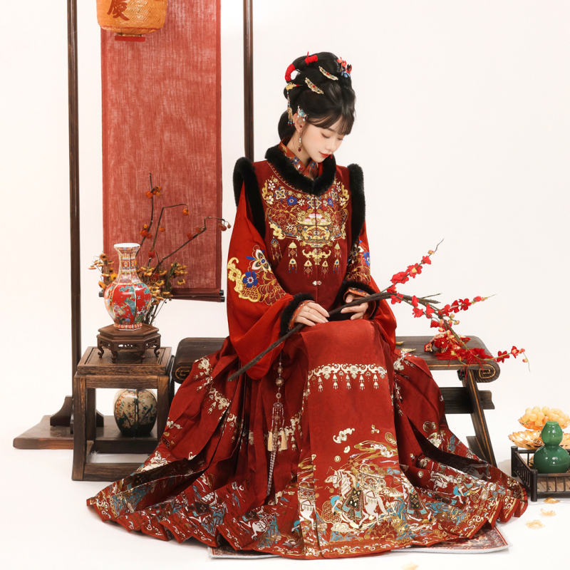 Ming stil Hanfu set s kružnim izrezom, top bez rukava i suknja s konjskim motivom, Godina Konja, izdanje jesen-zima