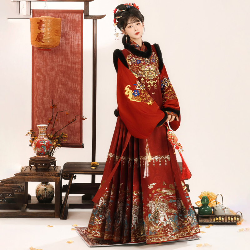 Ming stil Hanfu set s kružnim izrezom, top bez rukava i suknja s konjskim motivom, Godina Konja, izdanje jesen-zima