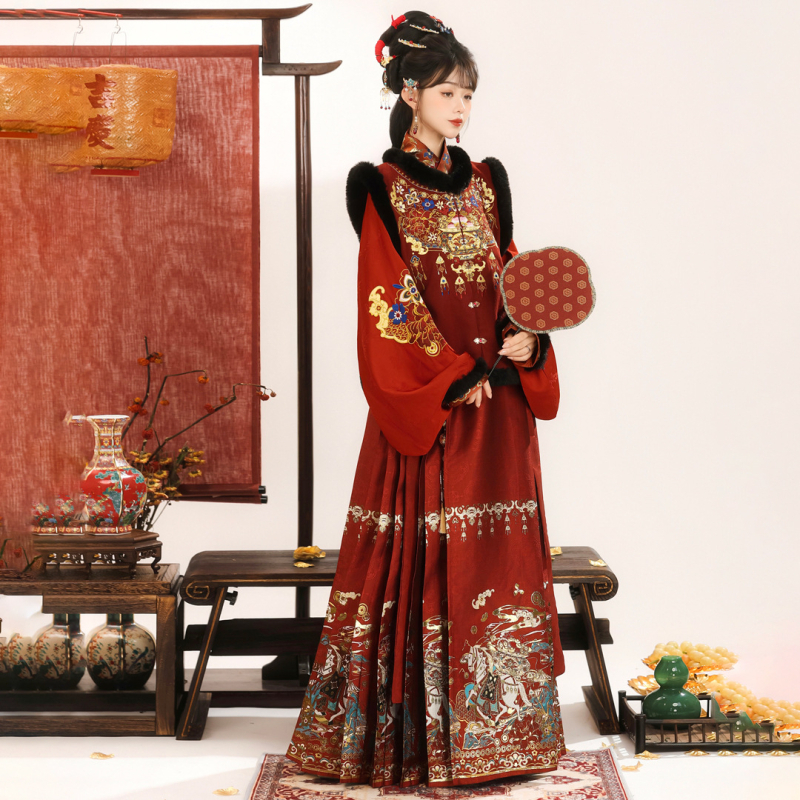 Ming stil Hanfu set s kružnim izrezom, top bez rukava i suknja s konjskim motivom, Godina Konja, izdanje jesen-zima