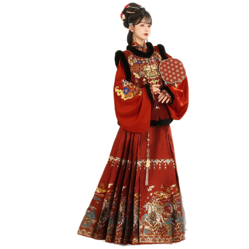 Ming stil Hanfu set s kružnim izrezom, top bez rukava i suknja s konjskim motivom, Godina Konja, izdanje jesen-zima