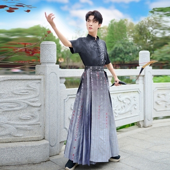 Originalni Hanfu set s zlatom tkanom suknjom Horse-Face i majicom s drakom, kratki rukavi, mandarinski ovratnik (unisex)