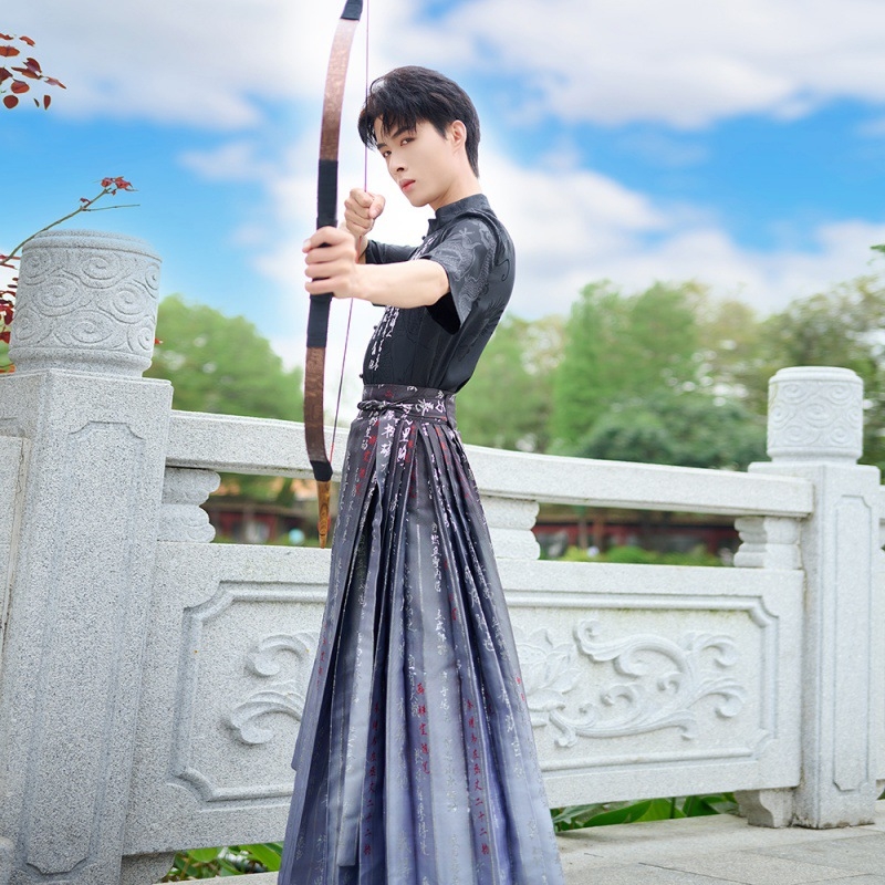 Originalni Hanfu set s zlatom tkanom suknjom Horse-Face i majicom s drakom, kratki rukavi, mandarinski ovratnik (unisex)