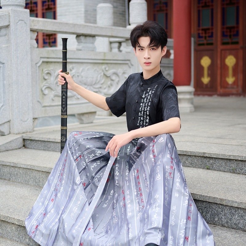 Originalni Hanfu set s zlatom tkanom suknjom Horse-Face i majicom s drakom, kratki rukavi, mandarinski ovratnik (unisex)