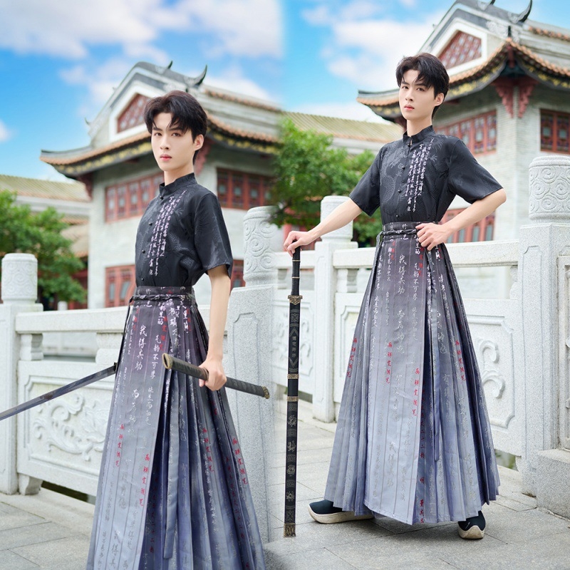 Originalni Hanfu set s zlatom tkanom suknjom Horse-Face i majicom s drakom, kratki rukavi, mandarinski ovratnik (unisex)