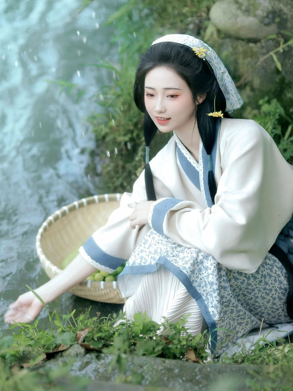 Hanfu u stilu dinastije Song za žene, svakodnevni drevni kostim, mala veličina, pastoralni cvjetni uzorak, djevojka koja bere čaj, model 2026