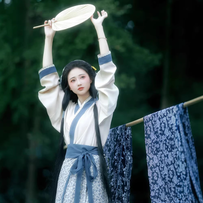 Hanfu u stilu dinastije Song za žene, svakodnevni drevni kostim, mala veličina, pastoralni cvjetni uzorak, djevojka koja bere čaj, model 2026