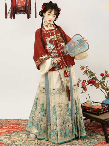 Ženski Hanfu 2026 – Ming stil proljeće–jesen, cvjetna izšivka, Mamian suknja s bogatim vezom, svakodnevni antički stilni set