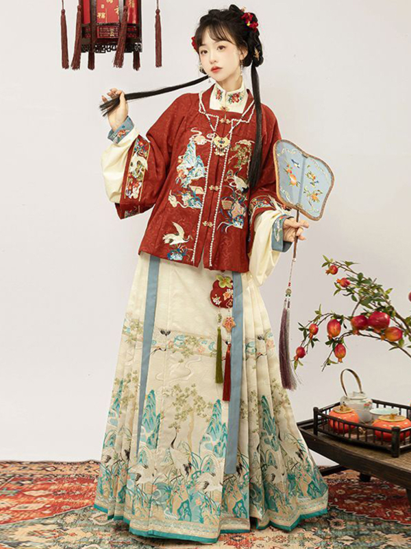 Ženski Hanfu 2026 – Ming stil proljeće–jesen, cvjetna izšivka, Mamian suknja s bogatim vezom, svakodnevni antički stilni set