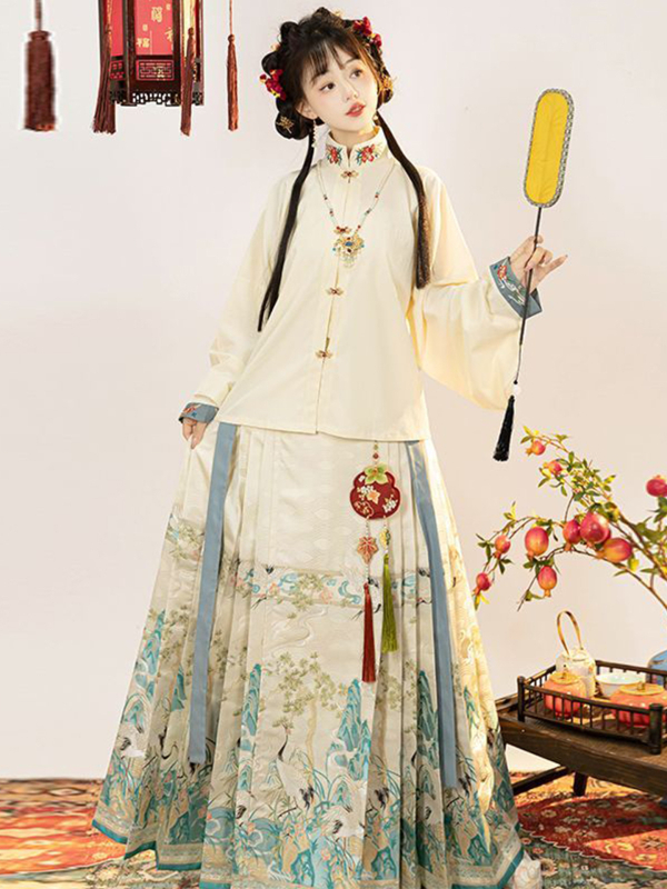 Ženski Hanfu 2026 – Ming stil proljeće–jesen, cvjetna izšivka, Mamian suknja s bogatim vezom, svakodnevni antički stilni set