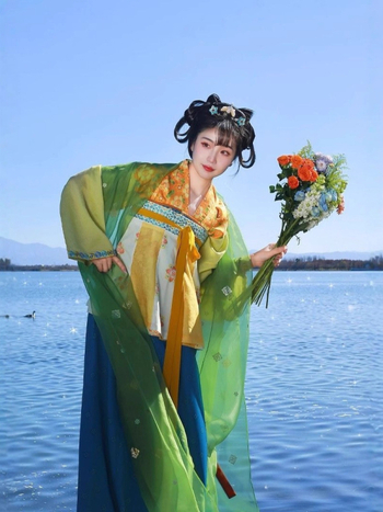 Női Hanfu, eredeti darab Tang-dinasztia stílus, két darabos szett rövid felsővel és szoknyával, Han elemekkel, mindennapi minta, mindennapi stílus