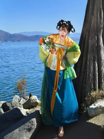 Női Hanfu, eredeti darab Tang-dinasztia stílus, két darabos szett rövid felsővel és szoknyával, Han elemekkel, mindennapi minta, mindennapi stílus
