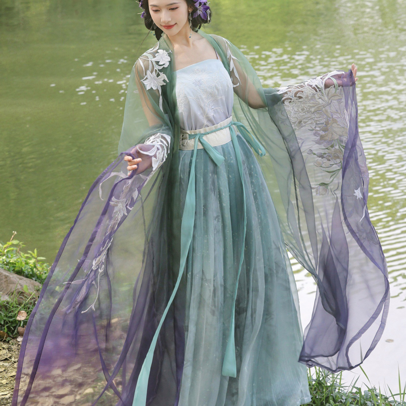 Hanfu ženski top sa širokim rukavima i naramenicama u struku, set teškog veza za proljeće i ljeto (Yougu Lily)