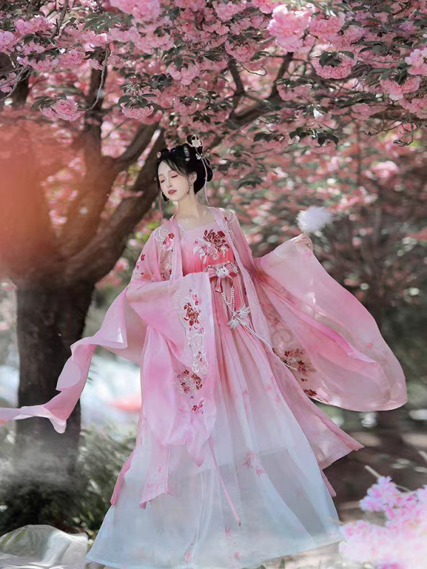 2025 proljeće/ljeto floralni Hanfu set, Tang dinastija stil, ženski izvezeni kostim sa širokim rukavima