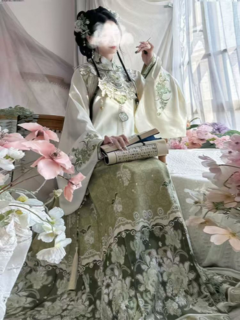 Hanfu set s izšivenim: kaput i suknja s stojećim ovratnikom, motiv Pipa horse-face, jesensko-zimsko izdanje, detalj oblaka na ramenima